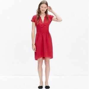 NWT Madewell Silk Fable Dress Size 8 Red T Shirt Dress Rouched V Neck Waisted